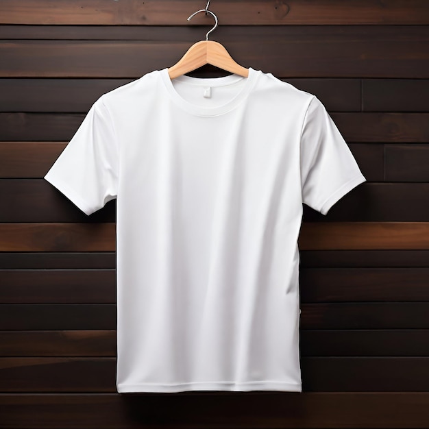Modelo de camiseta minimalista y elegante con telón de fondo de madera