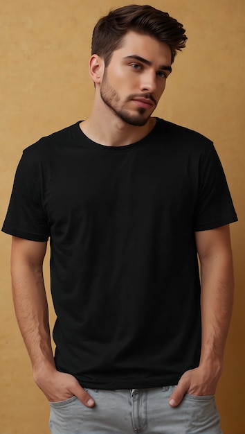 Modelo de camiseta negra en blanco con estilo en el modelo masculino