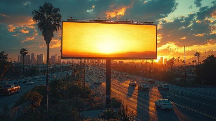 Un modelo de cartel en blanco cerca de una autopista muy transitada