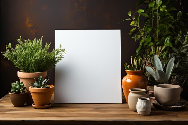 con un modelo de cartel con plantas verdes en ollas en una mesa de madera