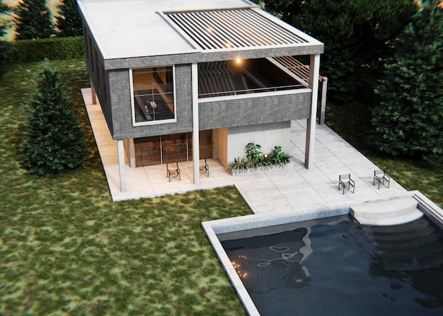 Foto modelo de casa 3d con bonita piscina de ángulo alto