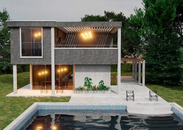 modelo de casa 3d con piscina de ángulo alto