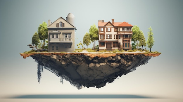 Foto modelo de casa en 3d en la roca casa flotando en el aire en la piedra