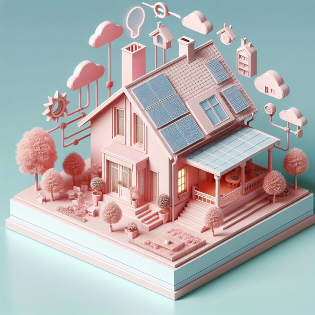 un modelo de una casa 3D con sistema solar