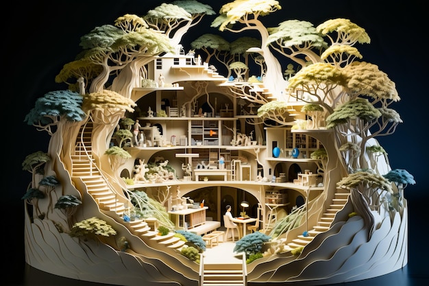 Modelo de casa en el árbol con escalera que conduce a ella IA generativa