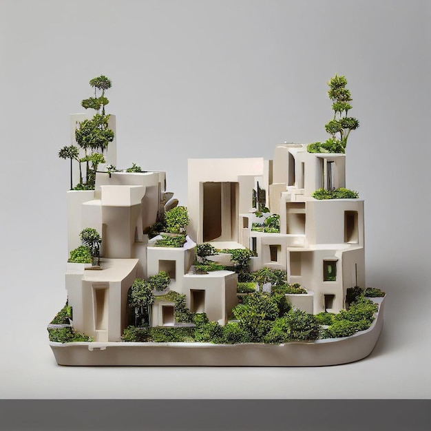 Un modelo de una casa con árboles y plantas.