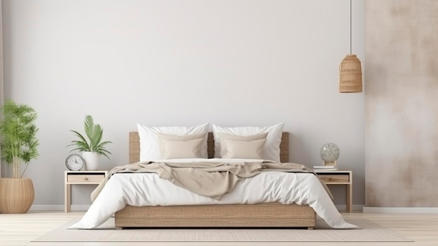 Modelo de casa bien arreglado fondo interior del dormitorio con muebles de ratán y pared en blanco