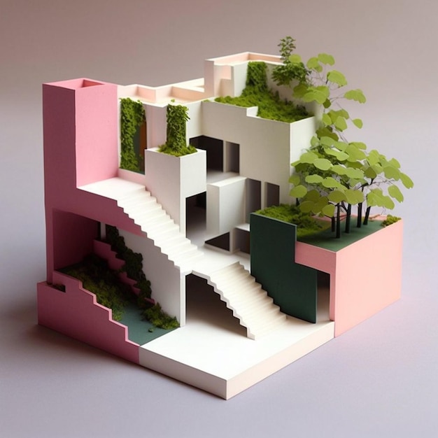 Foto un modelo de una casa con una escalera y plantas.