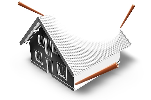 Modelo de casa estilizada con plano de planta, regla y lápiz, aislado sobre fondo blanco 3D Render