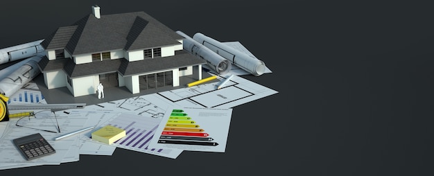 un modelo de casa con una familia sobre planos, cuadros de eficiencia energética y otros documentos