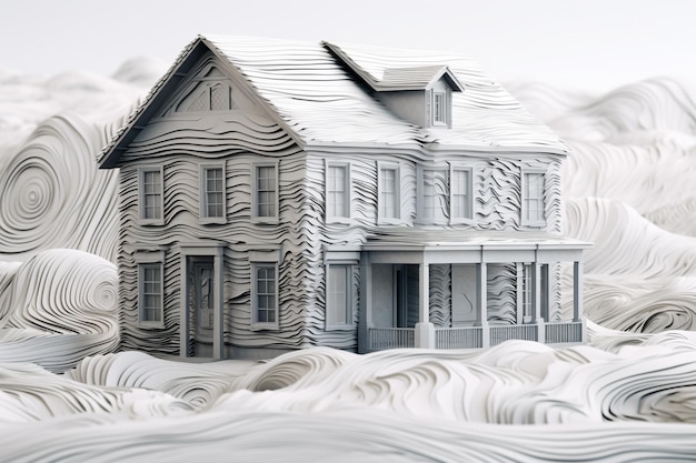 Modelo de casa en un fondo blanco Ilustración 3D Copiar espacio