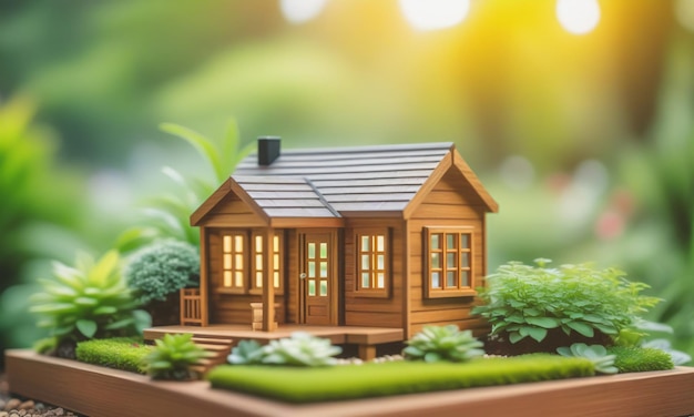 Foto modelo de casa y jardín de madera en fondo borroso de jardín al aire libre inversión inmobiliaria