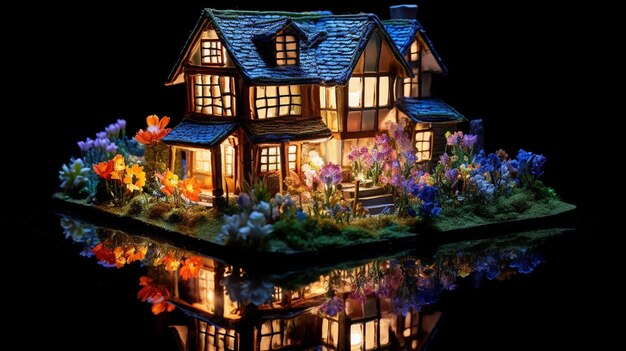 Un modelo de una casa con un jardín en el medio