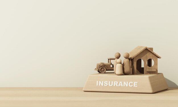 Modelo de una casa de madera y un automóvil con un podio de madera en el concepto de seguro de bienes raíces y planificación futura financiera familiar En una representación 3D de estilo de dibujos animados de fondo blanco