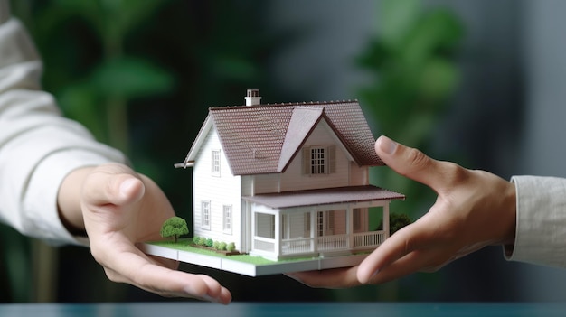 Modelo de casa en la mano del agente de seguros de casa o en persona del vendedor