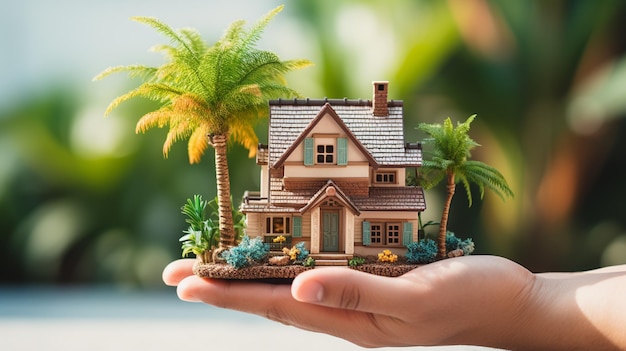 Modelo de casa en miniatura en mano humana sobre fondo de naturaleza Concepto inmobiliario