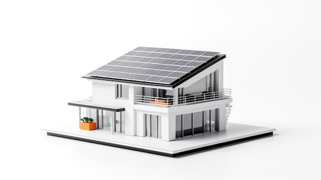 modelo de casa en miniatura con panel solar en el techo sobre fondo blanco