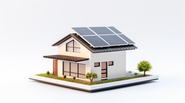 modelo de casa en miniatura con panel solar en el techo sobre fondo blanco