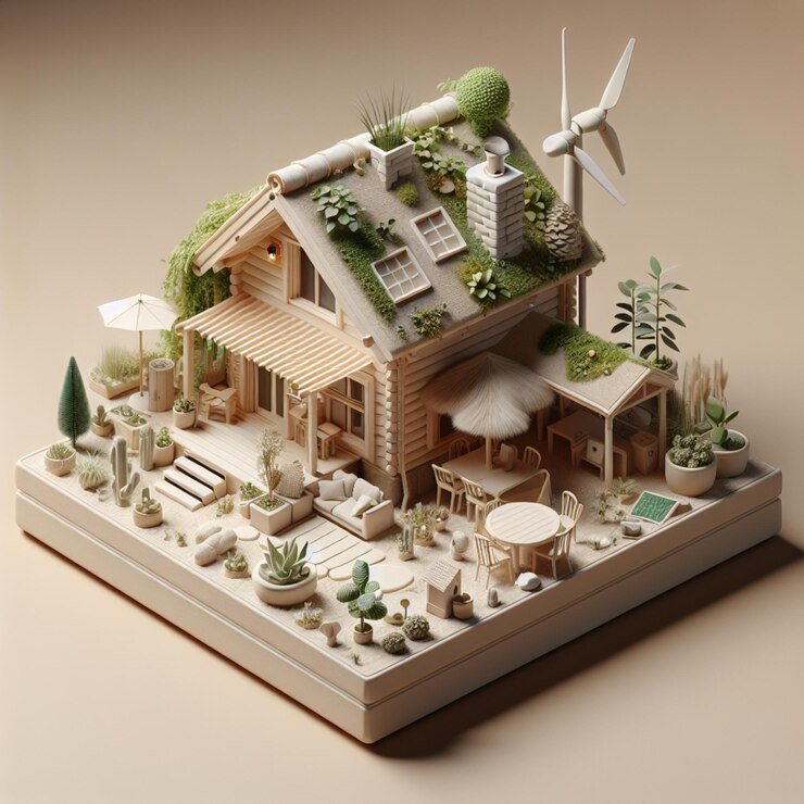 Un modelo de una casa modelo con un modelo de una turbina eólica