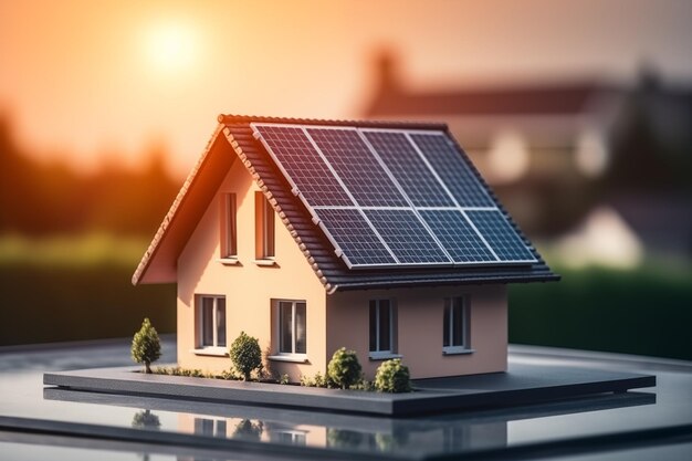 Un modelo de casa moderna con paneles solares al atardecer