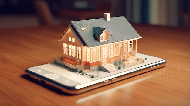 Modelo de casa moderna en tecnología de dispositivo de teléfono inteligente 3d