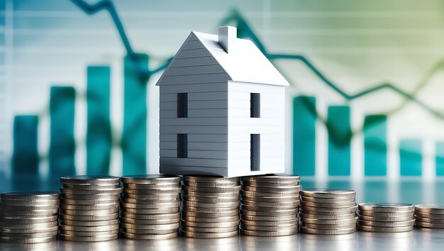 modelo de casa con moneda de pila Concepto financiero de inversión inmobiliaria e hipoteca inmobiliaria Concepto financeiro de inversión inmoble e hipoteca hipotecaria