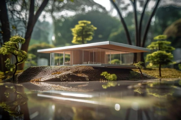 Un modelo de la casa se muestra en un paisaje.