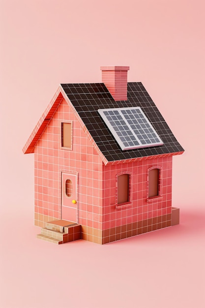 Modelo de casa con panel solar en el techo