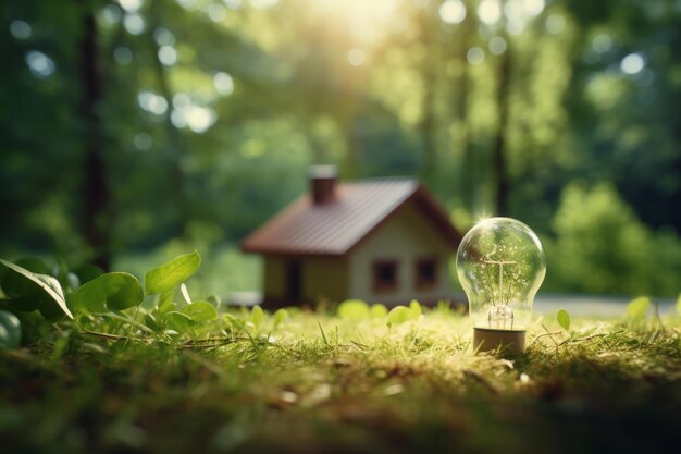 Modelo de casa pequeña y bombilla en el suelo idea de bienes raíces diseño ecológico fondo de energía verde