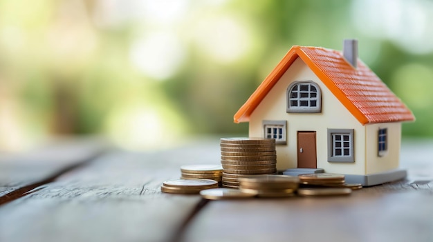Un modelo de casa pequeña rodeada de monedas apiladas en una mesa de madera en un entorno natural brillante simboliza la inversión inmobiliaria y los ahorros