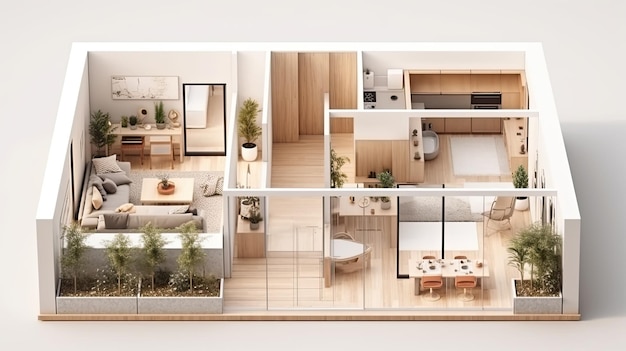 Un modelo de una casa con un plano de planta que dice "la casa está sobre un fondo blanco"