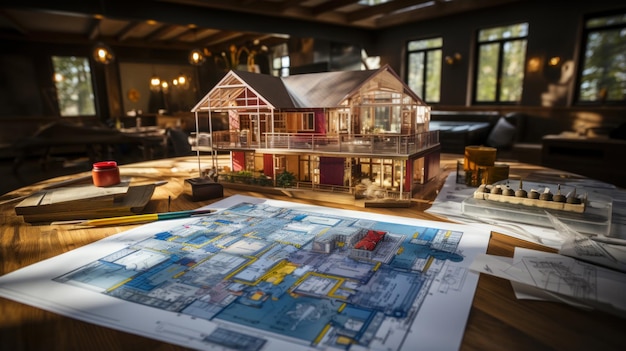 Modelo de casa y plano sobre mesa de madera Concepto de construcción