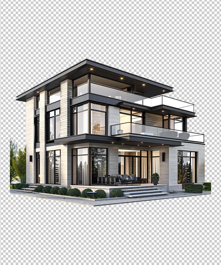 un modelo de una casa con una planta en el frentec un fondo transparente