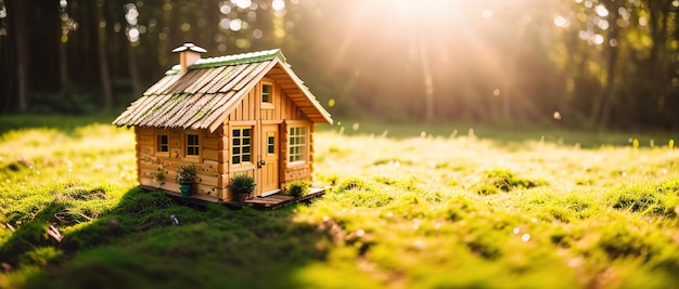 Modelo de casa rural de madera inmueble en miniatura en el prado nueva vivienda familia joven generativa ai