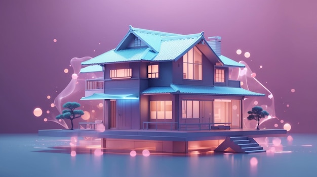 un modelo de una casa con un techo azul y una casa en el agua