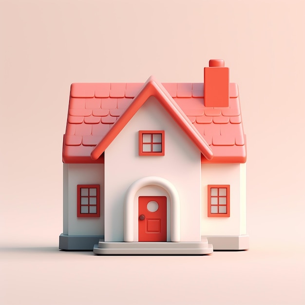 un modelo de una casa con un techo rojo y una puerta roja