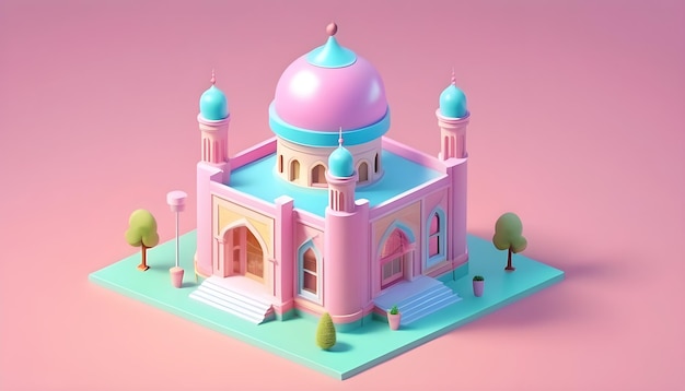 un modelo de un castillo rosa y azul con una tapa rosa
