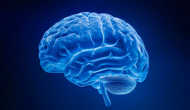 Modelo de cerebro brillante sobre un fondo azul