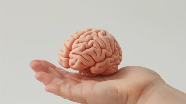Modelo de cerebro humano con líneas de neuronas holográficas en fondo blanco