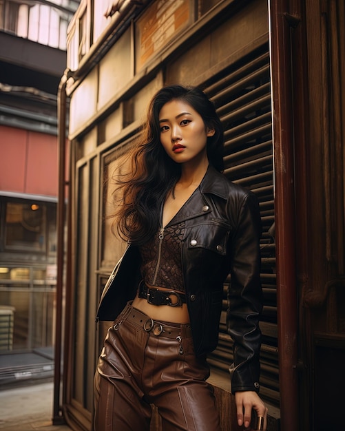 una modelo con chaqueta de cuero y pantalones de cuero posa frente a una pared con una ventana detrás de ella.