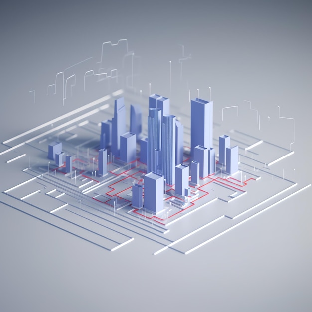 un modelo de ciudad azul con líneas y puntos