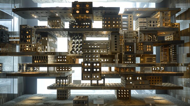 Foto un modelo de una ciudad hecha de piezas de metal iluminadas desde adentro