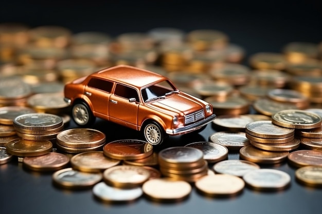 Modelo de coche de juguete con moneda de dinero que ilustra el concepto financiero Generativo Ai