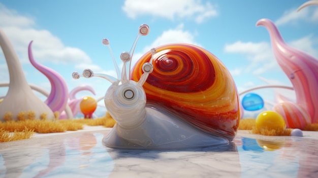 modelo colorido de um caracol rastejando através de uma surrealista branco em torno de AI gerado ilustração