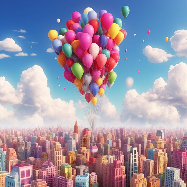 Foto modelo colorido de uma cidade com fotos de balões