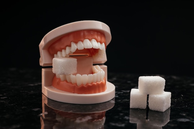 Foto modelo de concepto de prevención y chequeo de saries de mandíbula y azúcar