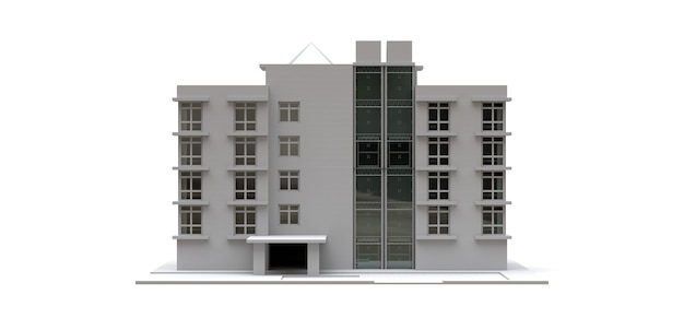 Modelo en condominio en color blanco con cristales transparentes. Edificio de apartamentos. Representación 3D.