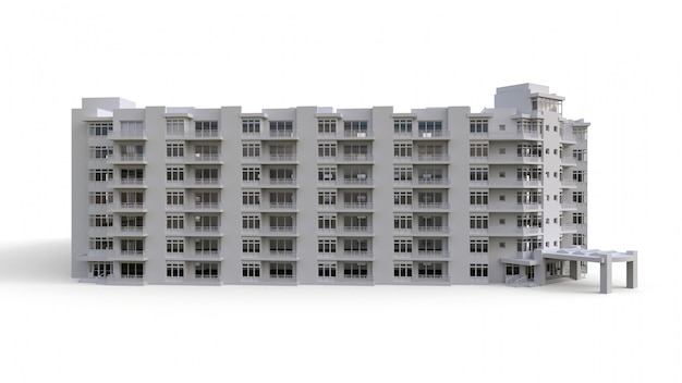 Modelo de condominio en color blanco con vidrios transparentes. Edificio de apartamentos con patio. Representación 3d