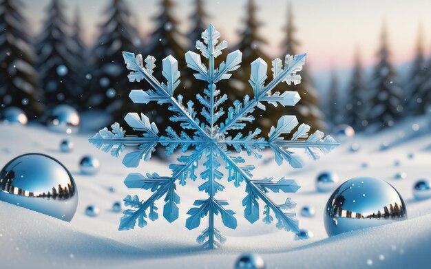 Modelo de copo de nieve generado en 3D con profundidad de campo y esferas de vidrio alrededor
