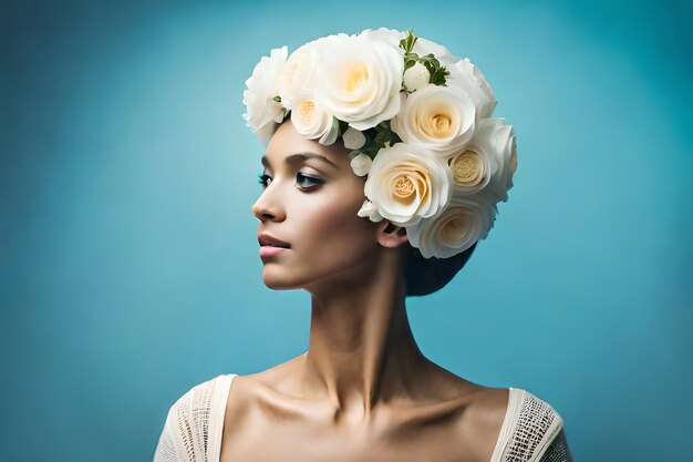 Una modelo con una corona de flores en la cabeza.